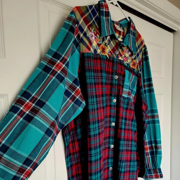 Blair Tops - Blair Multicolor Embroidered Plaid Womens Shirt ~ 100% Cotton ~ 2XL Size